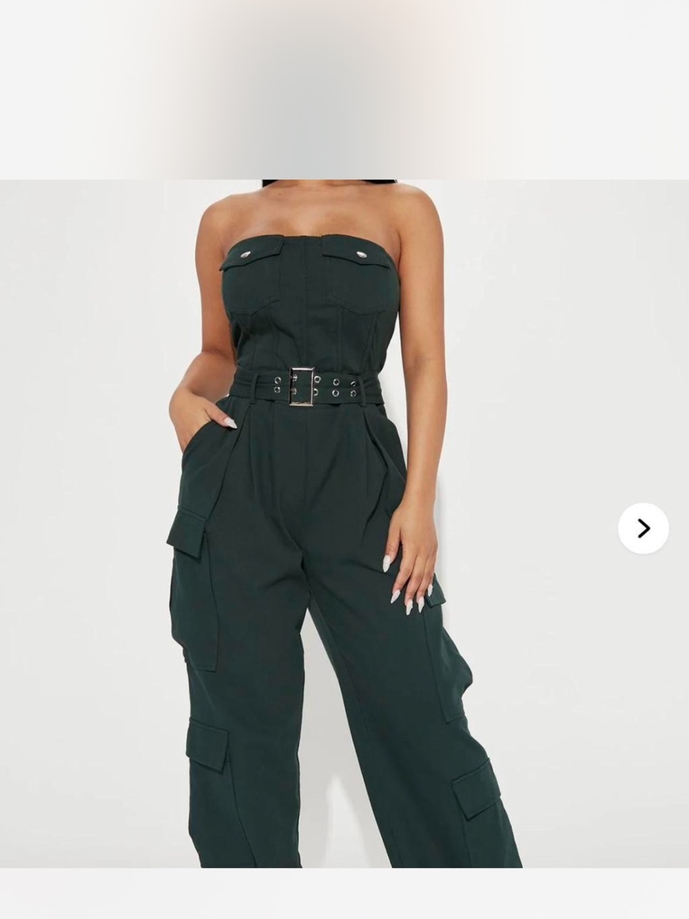 Fashion Nova Strapless Belted Cargo Jumpsuit in Dark Green